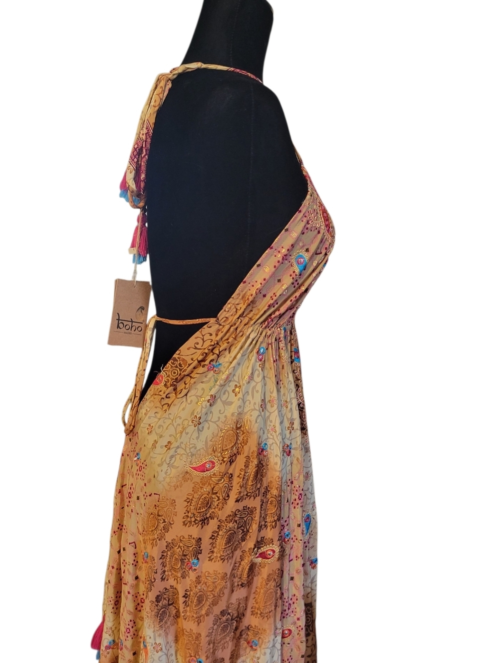 Boho Madrid Dress Backless Exotic Paisley Sparkles Ties & Tassles Flexible Fit - Picture 8 of 16
